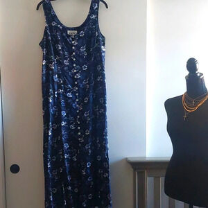 Vintage Blue Floral Maxi dress Large Cottagecore Bohemian Shell buttons DBY